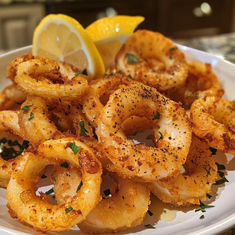 🦑🍋 Crispy on the outside, tender inside! Try our Golden Calamari Rings! 🌊✨ 🍽️ Calamari Rings 🛒 Ingredients: Calamari, sliced into rings: 1 lb Flour: 1 cup Paprika: 1 tsp Garlic powder: 1 tsp Salt and pepper to taste Lemon wedges Oil for frying 👩‍🍳 Instructions: Prep: Season flour with paprika, garlic powder, salt, and pepper. Dredge: Coat calamari rings in seasoned flour. Fry: Deep-fry in hot oil until golden. Serve: With lemon wedges. 🎉 Bring the ocean to your table with our crispy Calam... Crispy Fried Calamari, Crispy Calamari, Calamari Rings, Fried Squid, Fried Calamari, Instagram Recipes, Twisted Recipes, Deep Fry, Trending Recipes