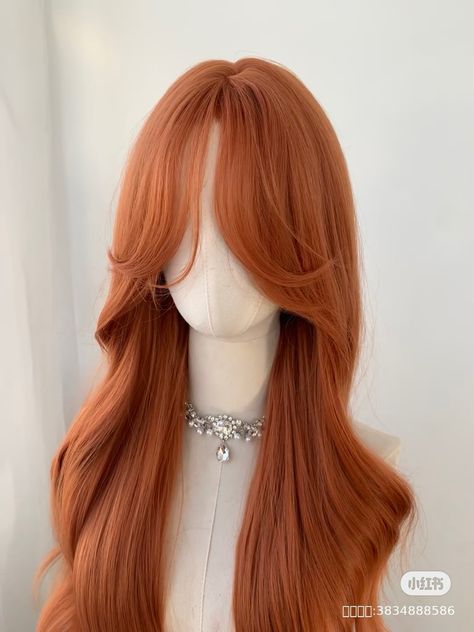 Red Hair Orange Tips, Korean Ginger Hair, Hair Orange Color, Ginger Hair Wig, Aesthetic Wigs, Ginger Wigs, Hair Claim, Bright Orange Hair, Kpop Hair Color