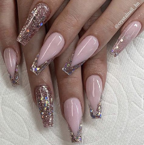 White French Tip Nails With Rose Gold, Light Pink And Silver Nails Prom, Rose Gold Xmas Nails, Rose Gold Nails For Prom, Acrylic Nail Designs Sparkle, Gold And Nude Acrylic Nails, Almond Nude Nails With Glitter, Glitter Ballerina Nails, Rose Gold Christmas Nails