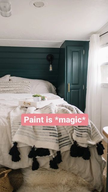 Christina, The DIY Mommy® on Instagram: "Favourite warm green paints: - Black Evergreen by Behr (this one in my RV bedroom) - River Mist by Behr (my RV cabinetry) - Salamander by Benjamin Moore - Distant Valley by Valspar (in my dining room) Do you like green? 🤔 #thediymommy #green #rvmakeover #rvremodel #rvrenovation" Black Evergreen Behr, Black Evergreen Behr Paint, Behr Black Evergreen, Black Evergreen, Paint Rv, Green Bedroom Walls, Diy Mommy, Rv Bedroom, Black Rooms