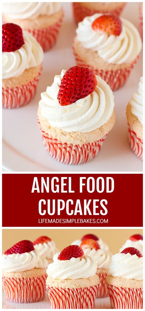 Pillowy angel food cupcakes topped with homemade whipped cream are a perfectly sweet sponge cake for any time of the year! #angelfoodcupcakes #angelfood #cupcakes #dessert Angle Food Cupcakes, Sponge Cupcake Recipe, 2 Ingredient Desserts, Angel Food Cupcakes, Healthy Cupcakes, Food Cupcakes, Angel Food Cake Mix Recipes, Cupcake Icing, Cupcakes Recipe