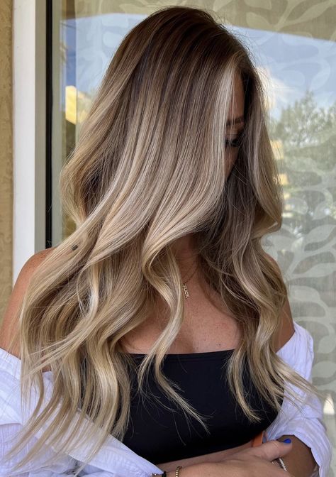 Kinda Blonde Hair, Vanilla Ash Blonde Hair, Dark Blonde With Dimension, Ash Tone Balayage, Brown Sugar Blonde Hair, Creamy Blonde Balayage On Dark Hair, Honey Blonde With Shadow Root, High Balayage Blonde, Blonde Highlights Dark Roots