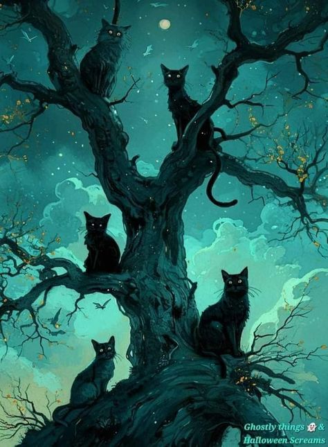 Black Cat Art Aesthetic, Black Cats Aesthetic Wallpaper, Cat Halloween Wallpaper, Weird Cats, Fantasy Fanart, Black Cat Aesthetic, Cats Outside, Halloween Wallpaper Cute, Moonlit Night