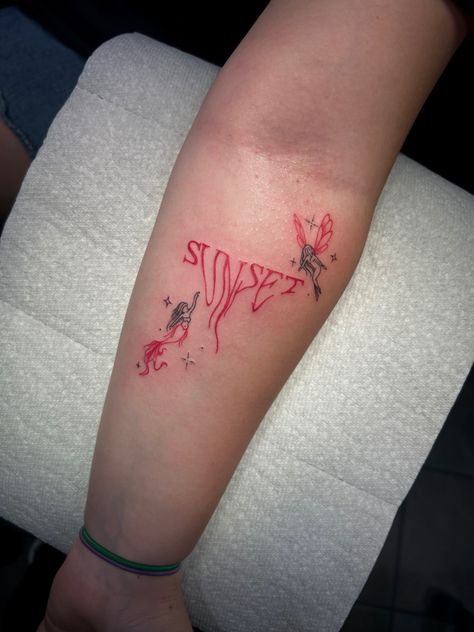 Fairies sunset tattoo red ink word abstract tattoo mermaid fairy faerie dainty simple linework pinterest arm tattoo tattoo inspo sparkles feminine Tattoo Red Ink, Tattoo Mermaid, Sunset Tattoo, Tattoo Red, Sunset Tattoos, Mermaid Fairy, Mermaid Tattoos, Abstract Tattoo, Red Ink