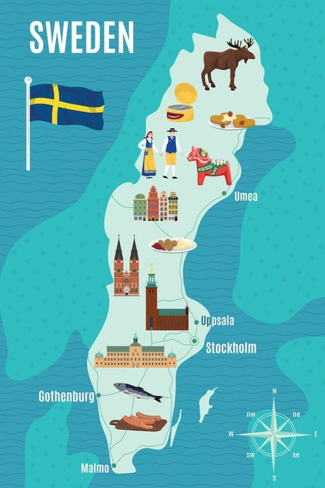 Sweden Touristic Map Sweden Map, Red Gradient Background, Travel Art Journal, Places In Europe, Malmo, Photoshop Photos, Clipart Black And White, Gothenburg, Illustrated Map