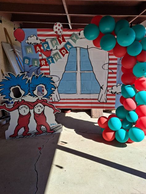 Dr Suess Trunk Or Treat Theme, Dr Seuss Backdrop, Dr Seuss Diy Decorations, Dr Suess Decorations Diy, Cat In The Hat Trunk Or Treat Ideas, Dr Seuss Trunk Or Treat, Thing 1 Thing 2 Birthday Party Ideas, Dr Seuss Party Ideas, Thing One Thing Two