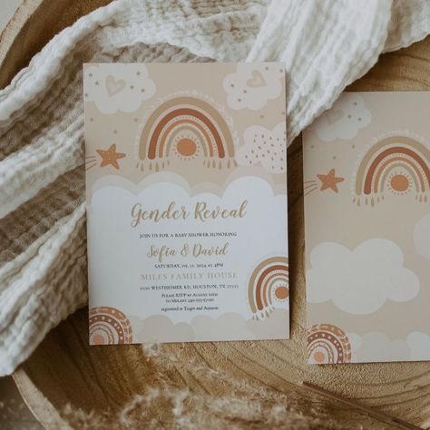 Boho Rainbow Gender Reveal Invitation. This  invitation is part of the Boho Rainbow baby shower collection characterized by cute rainbow graphics and neutral colors that is suitable for boy and girl, or gender-neutral baby shower. This sign is easily customizable to all events and easy to match with your colors. https://www.zazzle.com/collections/boho_rainbow_baby_shower_collection-119181984315925941 Neutral Rainbow Gender Reveal, Boho Rainbow Gender Reveal, Rainbow Gender Reveal, Boho Rainbow Invitation, Rainbow Invitation, Rainbow Invitations, Rainbow Boho, Neutral Rainbow, Shower Collection