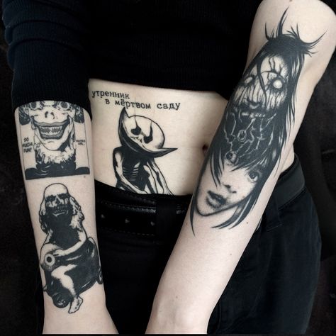 Dark Patchwork Tattoo, Japanese Horror Tattoo, Hellsing Tattoo, Learn To Tattoo, Wife Tattoo, Mystical Tattoos, Patchwork Tattoo, Wicked Tattoos, Scary Tattoos