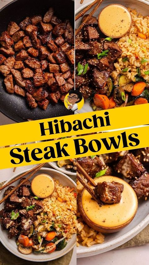 Habachi Steak Bowl, Steak Teriyaki Bowl, Steak Hibachi Burrito, Hibachi Steak Bites, Chicken And Steak Hibachi Recipes, Hibachi Steak Bites With Fried Rice, Large Meals Families, Hibachi Steak Bowls, Steak And Rice Recipes Dinners