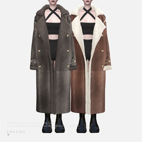 The Mannei Jordan Long Shearling Coat | Patreon Sims 4 Winter Cc, Long Shearling Coat, The Mannei, Winter Maxi, Winter Coat Dress, Kids Winter Outfits, Cute Coats, Long Winter Coats, Ski Gear