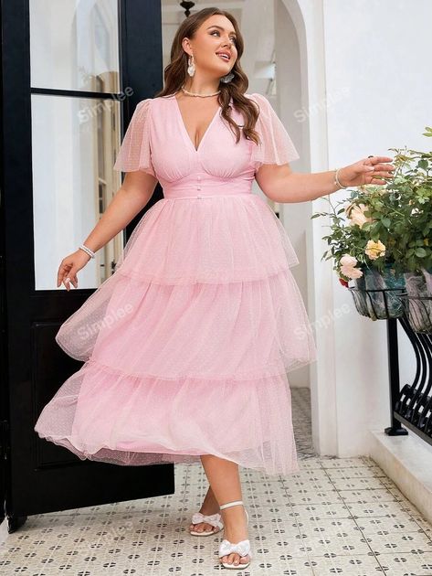 Simplee Women Plus Size Summer Solid Color Mesh Multi-Layer Hem Elegant And Graceful Dress, Wedding Guest Dress | SHEIN USA Pastel Dress Plus Size, Cocktail Party Outfit Plus Size, Wedding Guest Dress Shein, Plus Size Pink Dress, Party Outfit Plus Size, Plus Size Wedding Guest Outfit, Graceful Dress, Plus Size Wedding Guest, Cocktail Party Outfit