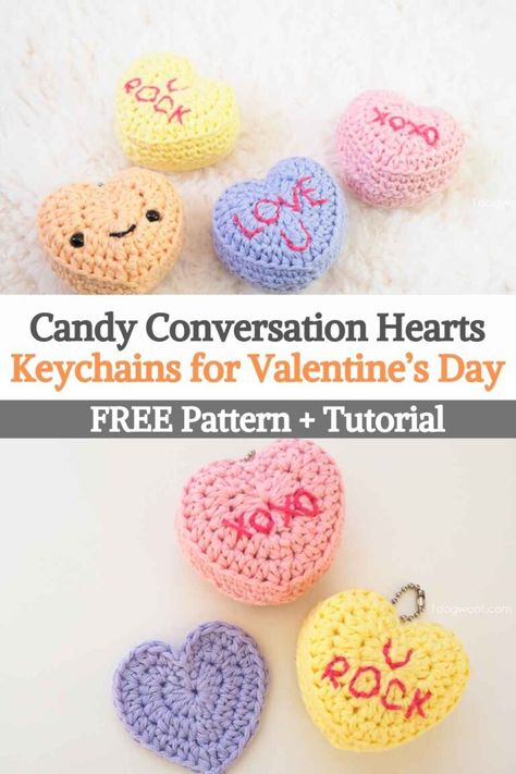 These small, relatively simple designs are fun to make and are an easy way to enjoy a splash of color. . Plus, they all make great key chains, trinkets, or small gifts for children's classrooms. Design January early Valentine's Day with these Candy Conversation Hearts Keychains. Making a conversation heart keychain means that you will also learn how to make a heart appliqué, as amigurumi construction involves sewing 2 heart appliqués together to create a three-dimensional object... Crocheted Plushies, Free Heart Crochet Pattern, Valentine Crochet, Crochet Candy, Crochet Valentine Patterns, Keychain Patterns, Cat Patterns, Crochet Small, Popular Crochet