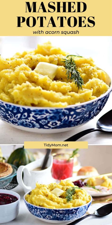 Give a fall-inspired twist to an old favorite with Acorn Squash Mashed Potatoes. Nutty acorn squash and buttery Yukon gold potatoes are mashed to creamy perfection. The result is a festive, flavorful side dish everyone will love. PRINTABLE RECIPE at TidyMom.net #mashepotatoes #squash #fallfood #thanksgiving Acorn Squash Mashed, Squash Mashed Potatoes, Squash Mashed, Potato Squash, Classic Green Bean Casserole, Traditional Thanksgiving Recipes, Perfect Mashed Potatoes, Acorn Squash Recipes, Cheesy Mashed Potatoes