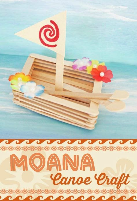 Moana Canoe Craft | CatchMyParty.com Moana Canoe, Disney Princess Crafts, Boy Party Games, Moana Crafts, Moana Birthday Party Theme, Backyard Party Games, Festa Moana Baby, Moana Bebe, Disney Activities