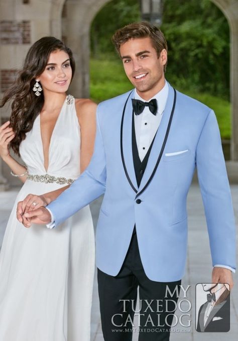 Powder Blue 'Valencia' Tuxedo from http://www.mytuxedocatalog.com/catalog/rental-tuxedos-and-suits/c1024-powder-blue-valencia-slim-tuxedo/ Powder Blue Suit Men, Blue Tuxedo Wedding, Prom Blazers, Suit For Men Wedding, Designer Tuxedo, Prom Tuxedo, Prom Suits For Men, Wedding Tux, Groom Tuxedo