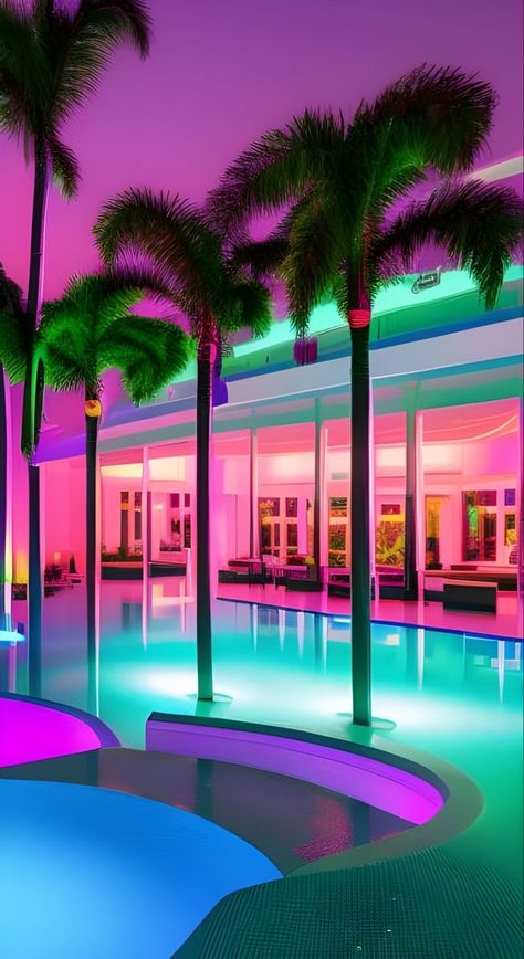 Mood pool party lounge summer vacation vibes. Beach palm tree miami vaporwave chill vibes. Neon Sunset Aesthetic, Miami Vice Aesthetic Interior, 80s Pool Aesthetic, Retro Miami Aesthetic, Miami Club Aesthetic, 80s Club Aesthetic, Miami Vibes Aesthetic, 90s Neon Aesthetic, Miami Vice Wallpaper