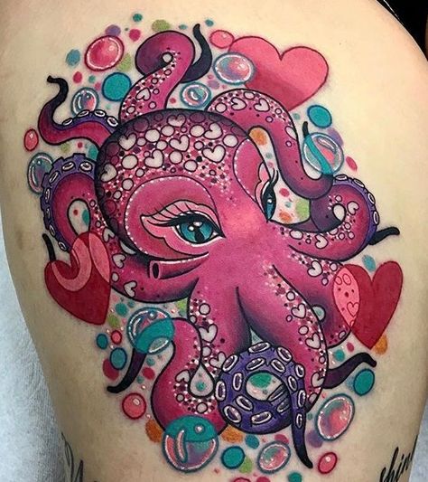 octopus tattoo Lisa Frank Style Tattoo, Octopus Chest Tattoo, Female Octopus, Cute Octopus Tattoo, Chest Tattoo Girl, Kraken Tattoo, Octopus Tattoo Design, Octopus Tattoos, Omerta Tattoo