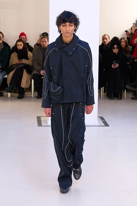 Kiko Kostadinov Fall/Winter 2024 at Paris Fashion Week | Hypebeast 2024 Menswear, Kiko Kostadinov, Menswear Runway, Soft Tailoring, Central Saint Martins, Mens Outfit Inspiration, Fall Winter 2024, Black Denim Jacket, Mens Fall