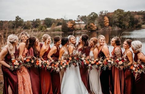 Burgundy And Terracotta Bridesmaid Dresses, Brown Fall Wedding Colors, Burgundy And Orange Bridesmaid Dresses, Black And Rust Bridesmaid Dresses, Bridesmaid Dresses Rust Color, Fall Bridal Party Dresses, Burgundy And Rust Bridesmaid Dresses, Burnt Orange And Maroon Bridesmaid Dresses, Cinnamon Wedding Flowers