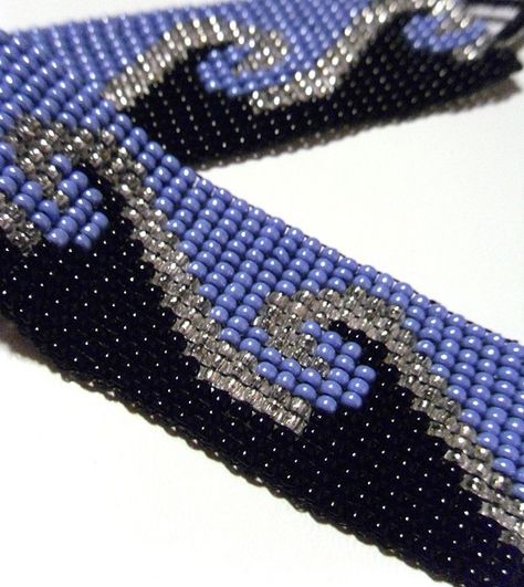 Beaded Waves Bracelet in Blue, Black, and Crystal on a Loom | Flickr - Photo Sharing! Bead Loom Kits, Native Beading Patterns, Bead Loom Designs, Loom Jewelry, Bead Loom Pattern, Seed Bead Patterns, Loom Pattern, Beading Techniques, Bead Weaving Patterns