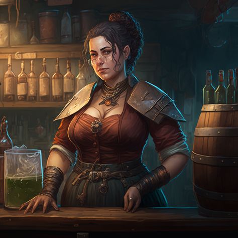 Tavern Keeper Fantasy Art, Fantasy Tavern Keeper, Elf Tavern Keeper, Tavern Keeper Character, Fantasy Shopkeeper, Dnd Tavern Keeper, Bartender Character Design, Dnd Bartender, Fantasy Bartender