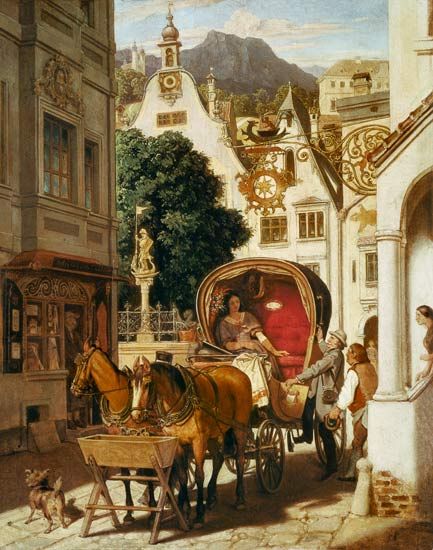 "Hochzeitsreise" (1867) von Moritz Ludwig von Schwind (geboren am 21. Januar 1804 in Wien, gestorben am 8. Februar 1871 in Niederpöcking, Oberbayern), österreichischer Maler und Zeichner der Spätromantik. Moritz Von Schwind, Historical Drawings, Sandro Botticelli, Smart Art, Classic Paintings, Great Paintings, Horse Drawn, A4 Poster, Arte Fantasy