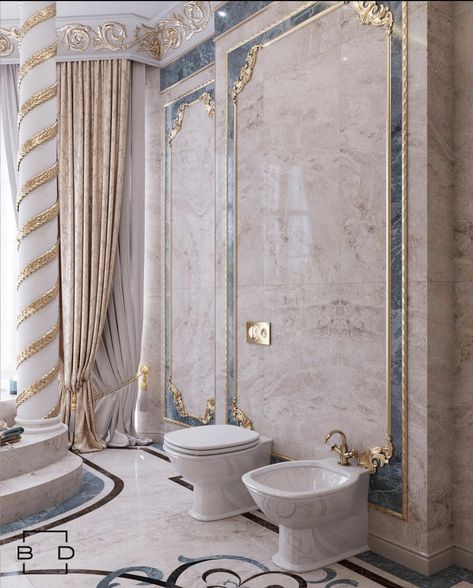 Baroque Bathroom Ideas, Modern Toilet Design, Wallpaper Bathroom Ideas, Modern Bathroom Decoration, Baroque Interior Design, Toilet Design Modern, Modern Toilet Paper Holders, Royal Bathroom, Luxury Mansions Interior