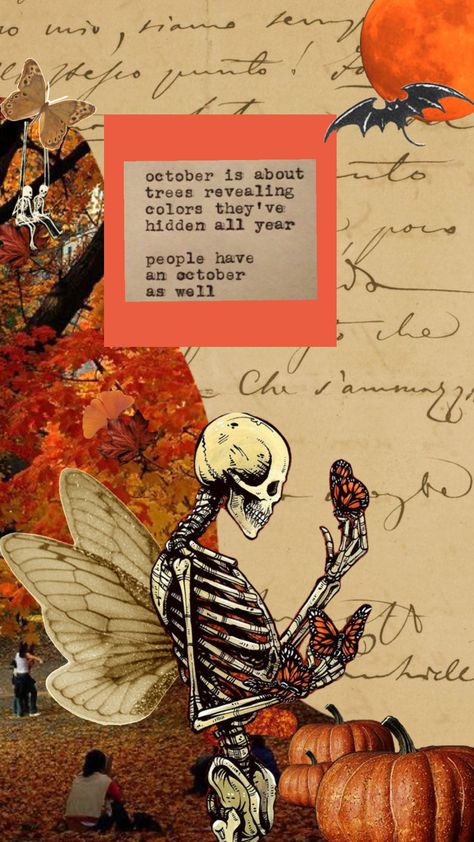 October Mood #halloween #october #fall #autumn #skeleton #pumpkin #fallmoodboard #spookyszn #spookyseason #pumpkins #butterflies October Vision Board Ideas, Romanticizing Halloween, Halloween Vision Board, October Word Aesthetic, October Mood Board, October Manifesting, October Collage Wallpaper, October Aesthetic Collage, October Pins