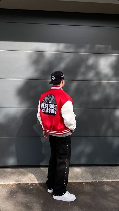 Varsity Jacket Red Outfit, Varsity Jacket Aesthetic Boy, Red Varsity Jacket Outfit Men, Red Jacket Outfit Men, Red Jacket Outfit, Red Varsity Jacket, Varsity Jacket Outfit, Streetwear Ideas, Drippy Outfit