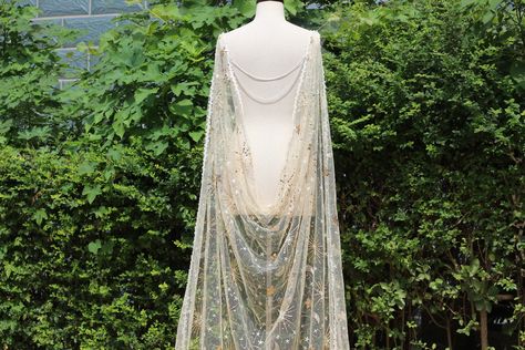 Drape Veil, Wedding Cape Veil, Veil Length, Gold Glitter Stars, Cape Wedding Dress, Wedding Veil Accessories, Celestial Wedding, Sequin Wedding, Wedding Cape