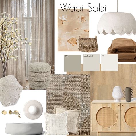 Wabi Sabi Moodboard Mood Board Wabi Sabi, Wabi Sabi Mood Board Interior, Wabi Sabi Colour Palette, Wabi Sabi Moodboard, Wabi Sabi Colorful, Wabi Sabi Concept Board, Sabi Wabi, Artificial Cherry Blossom Tree, Wabi Sabi Interior