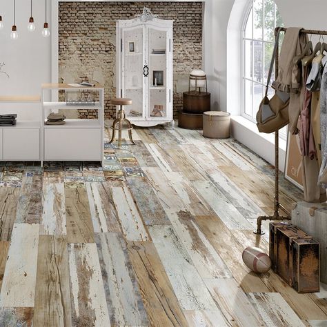 EliteTile Unique 6" x 35.88" Porcelain Vintage Wall & Floor Tile | Wayfair Rustic Bathroom Flooring Ideas Tile, Distressed Tile Floor, White Washed Wood Floors, Distressed Flooring, Wood And Tile Floor, Rustic Cottage Living Room, White Wash Wood Floors, Distressed Wood Floors, Distressed Floors