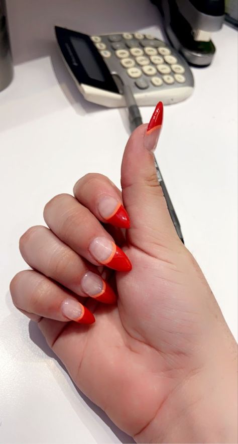 red and orange french tip summer nail idea Orange And Red French Tip Nails, Orangey Red Nails, Orange French Tip, Pink Glitter Nail, Red Tip Nails, Pink Glitter Nails, Sky Nails, Stripped Nails, Bee And Puppycat