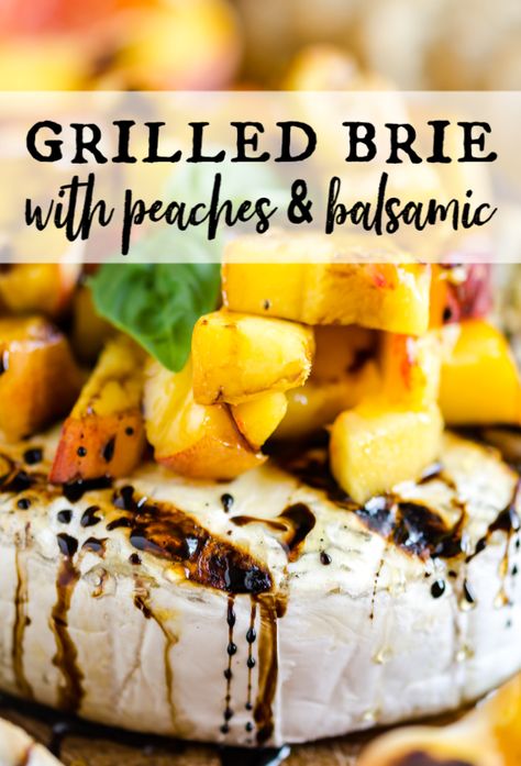 This takes grilled cheese to a whole new level!  Top this scrumptious wheel of brie with peaches and balsamic. Spread it on crackers, flat bread or crostinis! A delicious appetizer, snack or side dish that everyone will enjoy. #artfrommytable #grilledcheese #brie Peach Brie Grilled Cheese, Grilled Balsamic Peaches And Brie, Grilled Brie Cheese Wheel, Brie Peach Appetizer, Peach Baked Brie, Brie With Peaches, Brie Cheese Toppings, Baked Brie With Peaches, Peach And Cheese Appetizer