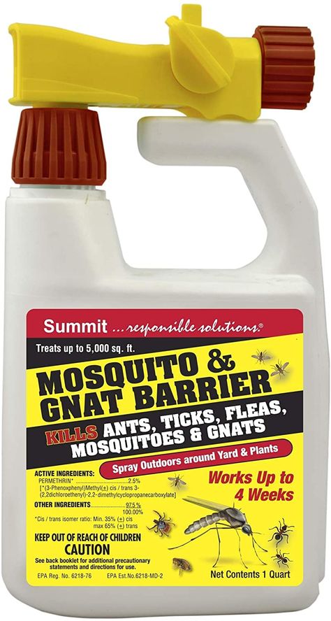 PRICES MAY VARY. Kills & repels mosquitoes for up to 4 weeks Also kills fleas, gnats, ticks and other insect pests Spray paths and wooded areas to kill ticks Hose end ready to spray Pack of 1 (Pack may vary) Summit's Mosquito and gnat barrier packaged in a convenient precalibrated hose-end sprayer makes it possible to enjoy your backyard without the annoyance of insect pests. Mosquito and gnat barrier contains permethrin, a residual insecticide that provides up to four weeks of repellency for a Backyard Mosquito Control, Gnat Spray, Pest Spray, Mosquito Spray, Tick Spray, Kill Ants, Kill Mosquitos, Flea Control, Mosquito Control