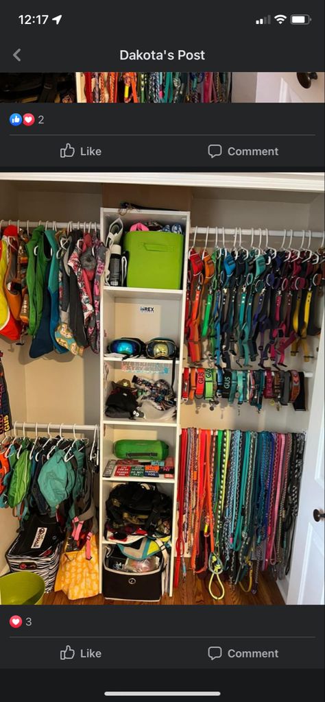 Dog Harness Storage, Service Dog Organization, How To Make A Service Dog Vest, Dog Collar Storage Ideas, Dog Equipment Storage, Dog Supply Storage Ideas, Service Dog Gear Organization, Service Dog Gear Wall, Dog Gear Wall