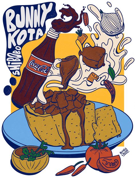 South African Dishes: Bunny Chow Illustration South African Graphic Design, African Illustration Art, African Packaging, Spaza Shop, Dish Illustration, South Africa Art, South Africa Food, South African Dishes, Bunny Chow