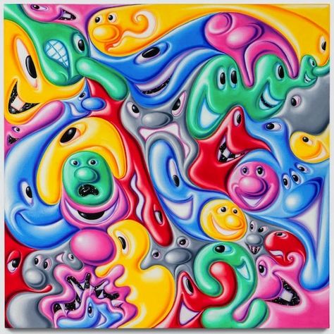 Kenny Scharf. "UNTITLED". Oil on Canvas. 48.25 x 48.25 Inches.  Photography by Joshua White / JWPictures.com #JoshuaWhitePhotography #JWPictures #Art #KennyScharf #Oil #Painting #2016 James Rosenquist, Black Ink Art, Kenny Scharf, Claes Oldenburg, Art Investment, Jasper Johns, Roy Lichtenstein, Jojo's Bizarre Adventure Anime, Andy Warhol