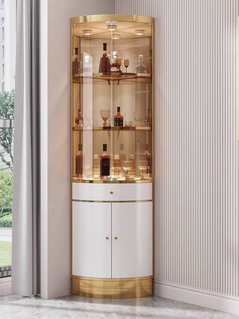 Corner Crockery Unit Design, Crocary Unit Design Modern, Corner Showcase Living Rooms, Crockery Cabinet Design Modern, Corner Glass Cabinet, Crockery Unit Design Dining Rooms, Glass Wine Cabinet, Corner Cabinet Living Room, Corner Wine Cabinet