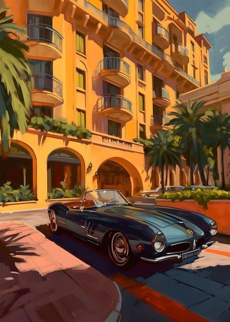 Hotel Artwork, Automotive Illustration, Old Vintage Cars, Cute Summer Wallpapers, Automotive Artwork, Fancy Cars, Sunset Landscape, Old Paintings, Automotive Art