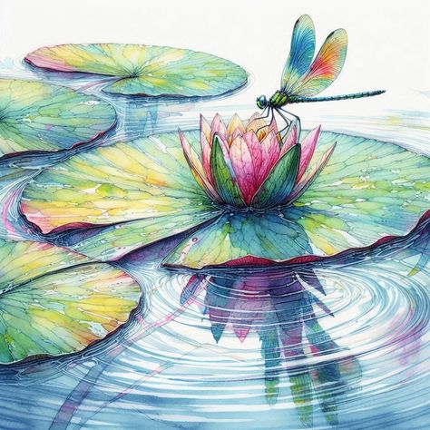 Dragonfly On Water, Water Lily Botanical Illustration, Dragonfly On Water Lily, Lotus Pond Watercolor Painting, Lotus Flower Pond Painting, Lotus Painting, A N Wallpaper, Water Lilly, Pooja Rooms