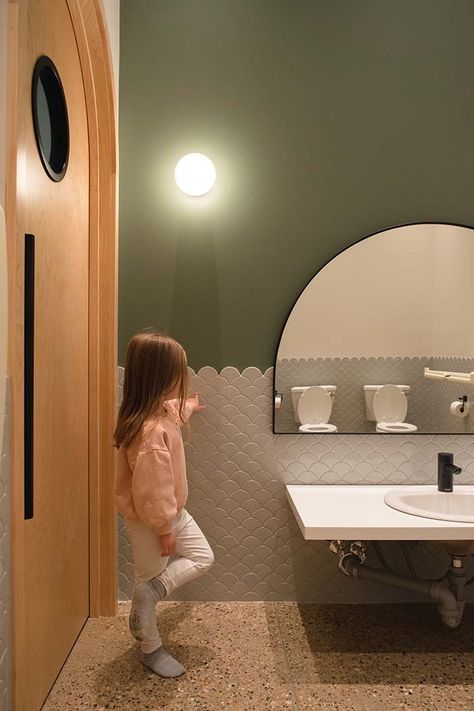 Bambini Daycare, St. Albert, Alberta Holistic Childcare Centre Preschool Bathroom, Kids Washroom, Daycare Bathroom, Daycare Interior Design, Daycare Design Ideas, Child Care Center Design, Soft Green Paint, Albert Canada, Kindergarten Interior