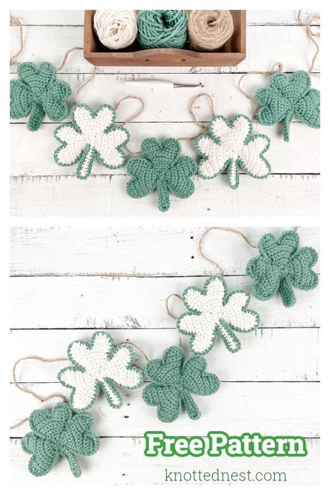 Shamrock Garland Free Crochet Pattern St Patricks Day Crochet, Celtic Crochet, Shamrock Garland, Home Crochet, Crochet Baby Booties Pattern, Crochet Garland, Baby Booties Pattern, Crocheting Ideas, Crocheted Flowers