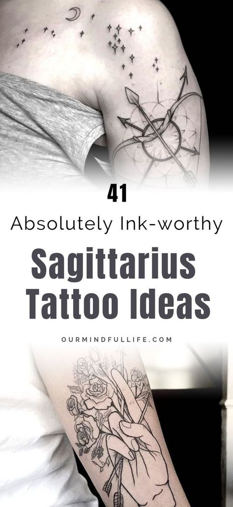 41 Stunning Sagittarius Tattoos That Are Just As Unique As The Sign - OurMindfullLife.com // zodiac signs/ Sagittarius sign/Sagittarius woman/Sagittarius art/ zodiac tattoo/horoscope tattoo/constellation tattoo/minimalist tattoo ideas/ astrology/Sagittarius symbol/Sagittarius girl/Sagittarius female/Sagittarius aesthetics/ tattoo for woman/meaningful tattoo/unique tattoo/small tattoo/tiny tattoo/tattoo design/cute tattoo/unique tattoo/ star tattoo/universe tattoo/ Sagittarius Tattoo For Men Arm, Sag Tattoo Sagittarius Zodiac Signs, Female Sagittarius Tattoo, Sagittarius Aesthetic Tattoo, Sagittarius Art Goddesses, Tattoo Ideas Female Sagittarius, Astrology Tattoo Sleeve, Sagittarius Tattoo Designs Unique, Sagitarious Tattoos