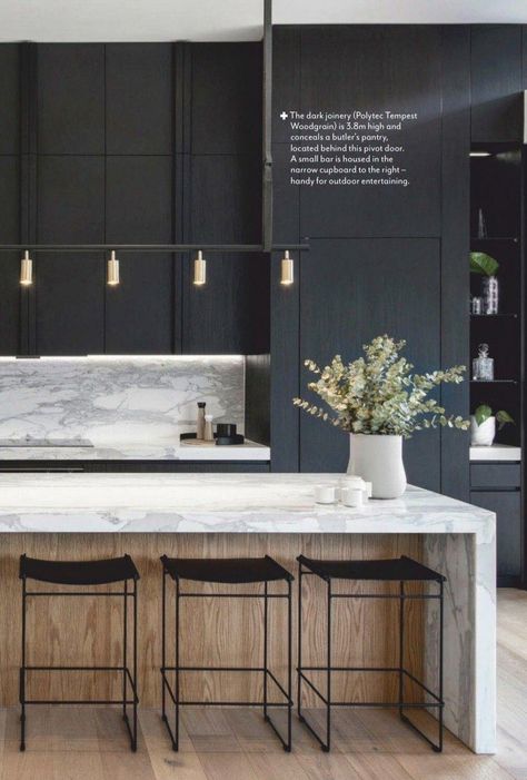 Masculine Home Design Interiors, Dark Modern Kitchen Cabinets, Stainless Appliances In Kitchen, Black Wood Grain Kitchen, Contemporary Kitchens 2023, Black Kitchens Modern, Black And Wood Modern Kitchen, Modern Masculine Kitchen, Modern Black And Wood Kitchen