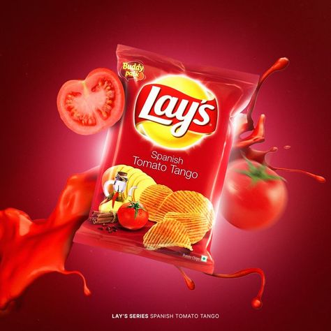 " Enjoy Lay's Spanish Tomato Tango chips with your favourite dip " Commercial Product Visuals | Lay's Series ( Collagism | Personal Artwork ) Introducing my Lay's Series album in which I will be creating stunning product visuals with different categories of Lay's Chips. Lays Poster Design, Chips Poster Design, Chips Ads, Lays Logo, Tomato Chips, Tomato Poster, Food Commercial, Poster Advertisement, Watch Ads