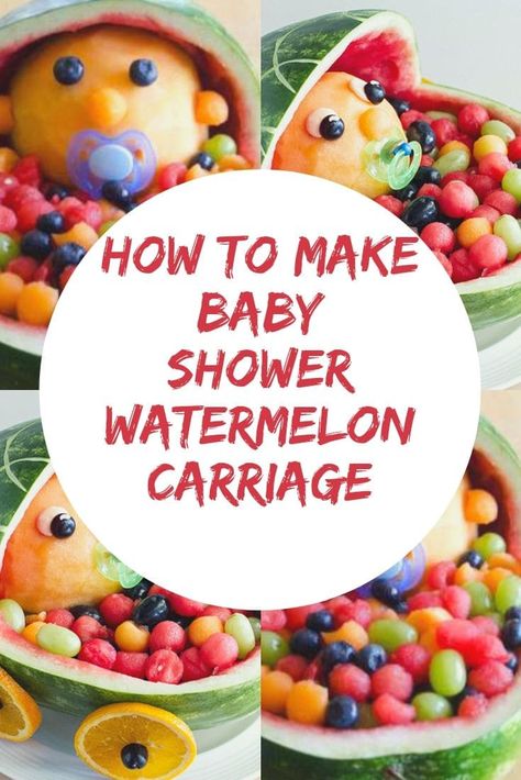 how to make baby shower watermelon carriage Baby Shower Watermelon Carriage, Baby Watermelon Fruit Bowl, Fruit For Baby Shower Ideas, Watermelon Carriage, Baby Shower Fruit Tray, Watermelon Baby Carriage, Baby Shower Food Table, Watermelon Ideas, Hungry Monster