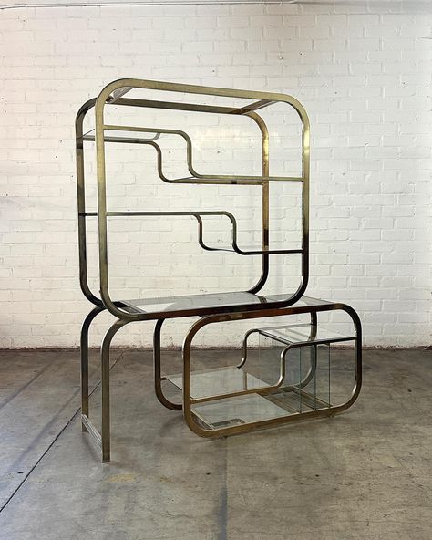 Brass and Glass Shelving Unit Price: 1100 Dimensions: W48 D18.5 H72.5 (extended W 70) shelf heights 19, 15, 7. Glass Shelving Unit, Mid Century Vintage Furniture, Brass Shelf, Glass Shelving, Vintage Mid Century Furniture, Mid Century Vintage, Shelving Unit, Vintage Brass, Vintage Furniture