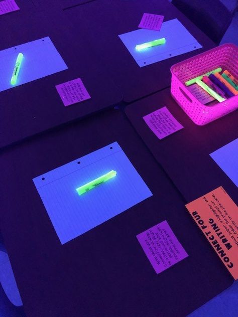 Check out how we did Glow Day in our classroom! Glow Party Ideas For Classroom, Lighting For Classroom, Glow Night Games, Glow Room Transformation, Glow Day Kindergarten Activities, Glow Reading Activities, Glow In The Dark Reading Activities, Glow Day Reading Activities, Neon Theme Classroom