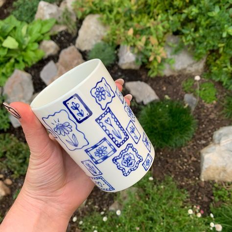 Tall pot with dark blue floral boxes🌸🎨🌱💙 Available now - Full ceramics restock on my website - So many new goodies ♥️✨link in bio 🥰✨ #art #artist #ceramics #pottery #painting #illustrator #ceramicstudio #potterytiktok #potterypainting #painter #potteryart #ceramicpainter #floral #bisqueware #glaze #glazedip #creative #smallbusiness #smallbusinessowner #smallartist #floral #plate #potterylove #decor #botanical #botanicalart #potteryprocess #potteryfeature #potteryistic #artgallery #handpainted Blue Floral Pottery, Blue Pottery Designs, Ceramic Underglaze, Frame Pattern, Bio Art, Pottery Painting Designs, Keramik Design, Hand Painted Pottery, Cool Art Projects